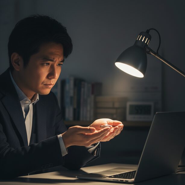 デスクライトの光が当たる机の上で、ノートパソコンを前にした人物が手のひらのUSBメモリを深刻な表情で見つめている。データが認識せず、自力での修理方法やデータ復旧について思案している様子。