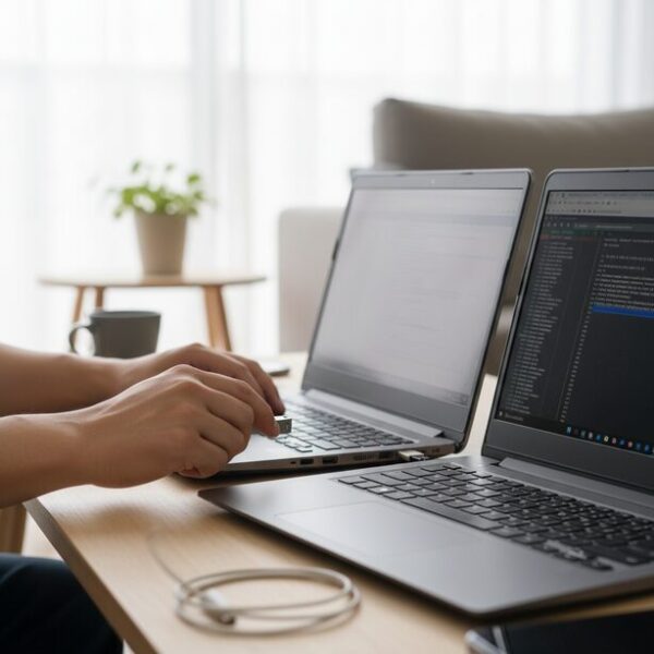 明るい部屋の机で、USBメモリが認識しない原因を特定するため、ノートパソコンの別のUSBポートに接続を試している手元。落ち着いて症状を確認し、障害の原因を切り分ける最初のステップ。