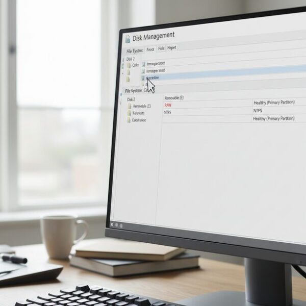 パソコンの画面にWindowsの「ディスクの管理」が表示され、認識しないUSBメモリのファイルシステムがRAWと表示されている状態。ドライブレターの割り当てやドライバーの問題を確認し、原因を切り分ける。