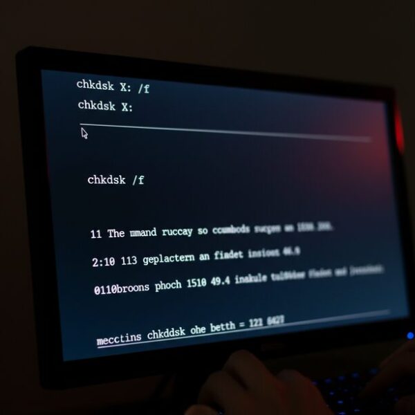 Windowsのコマンドプロンプト画面で、USBメモリのファイルシステムエラーを修復するchkdskコマンドが入力されている。データ消失のリスクがあるため、安易な実行は避け、慎重に行うべき注意点。