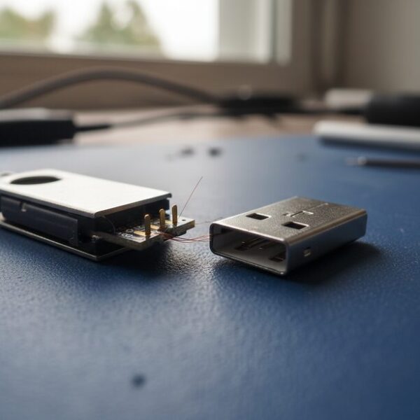 物理障害で根本から折れたUSBメモリのコネクタ部分のクローズアップ。内部基板と4本の細いピンが露出しており、自力修理には精密なはんだ付け作業が必要となる高難易度な状況を示している。