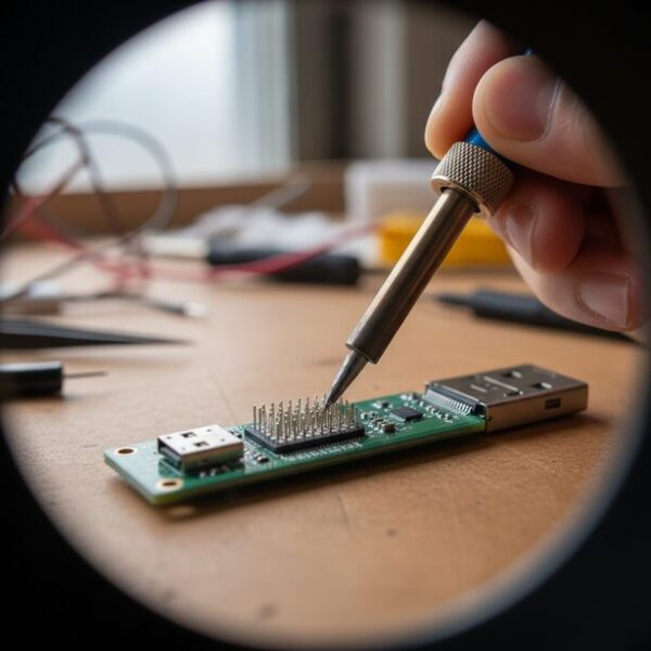USBメモリの物理障害を修理するため、拡大鏡を使いながら基板に精密なはんだ付けを行っている手元。データ完全喪失のリスクを伴う、高度な技術と集中力が要求される分解修理作業。