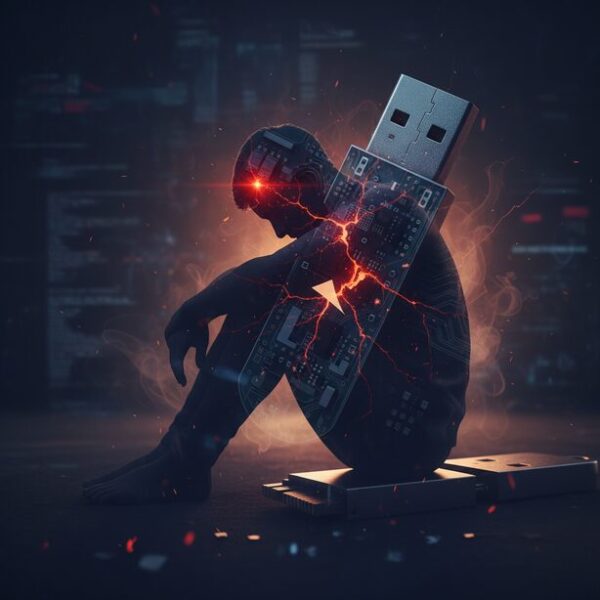 自力修理の失敗によりひび割れたUSBメモリの基板と、頭を抱える人物のシルエット。作業にはデータの完全喪失という大きなリスクが伴うため、実行前の注意点を理解する必要があることを示唆している。