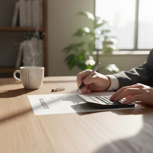 専門業者にUSBメモリのデータ復旧を依頼した場合の料金を検討している場面。デスクの上に見積書と電卓、問題のUSBメモリが置かれ、障害の度合いによって変動する費用相場を確認している。