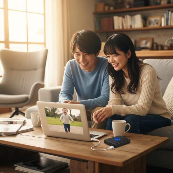 パソコンで子供の成長記録である動画データを見返す夫婦。大容量になる写真や動画の保存には外付けHDDやクラウドストレージへのバックアップが重要であり、大切な思い出を消失させないための対策。