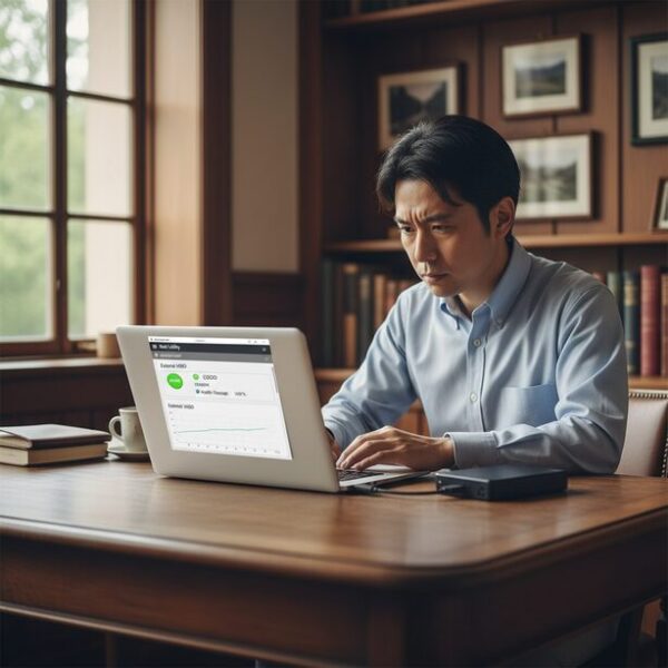 診断ツールを使い、バックアップ用外付けHDDの健康状態を定期的に確認する様子。データが正常に読み出せるかチェックし、5年を目安にデータ移行を行うなど、バックアップ後のメンテナンスの重要性。
