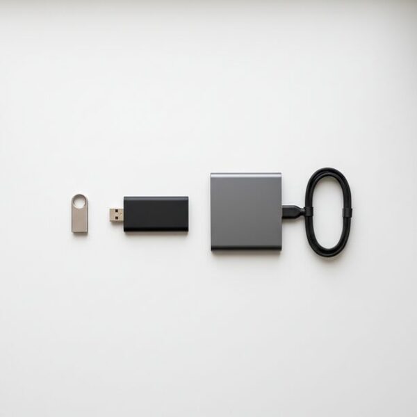 白いテーブルの上にUSBメモリ、USBメモリ型SSD、外付けSSDの3種類が並べられ、それぞれのサイズや形状の違いを比較し、内部構造や性能差を理解するのに役立つ。