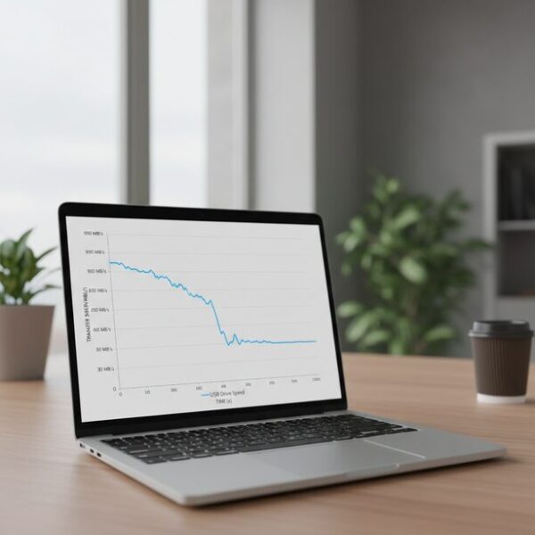 パソコン画面に表示されたデータ転送速度のグラフ。USBメモリ型SSDがサーマルスロットリング現象により、最初は高速だった転送速度が急激に低下する様子を示している。