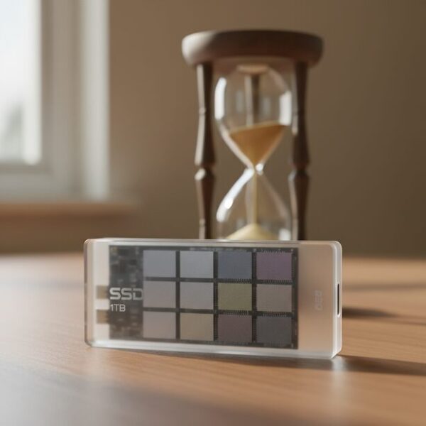 USBメモリ型SSDの内部NANDフラッシュメモリが時間の経過と共に劣化していく様子を抽象的に表現。書き込み上限回数（TBW）による製品寿命と物理的な耐久性の重要性を示す。