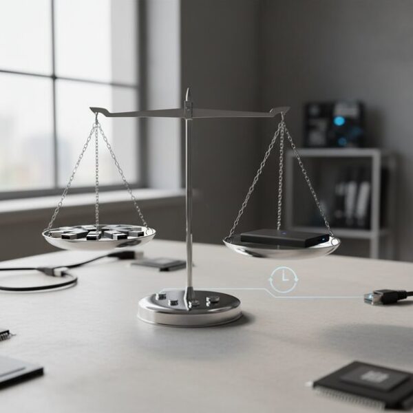 天秤の左右に複数のUSBメモリと一つのUSBメモリ型SSDを乗せ、価格と性能、時間的価値のコストパフォーマンスを比較検証。高速性という付加価値を考慮した選び方の重要性。