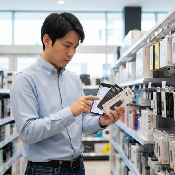 パソコンショップで複数のUSBメモリ型SSDを比較検討する人。放熱性の高い金属筐体や長期保証、実測速度などをチェックリストで確認し、後悔しないための賢い選び方を実践。