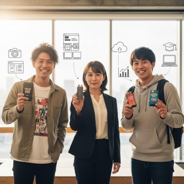 目的別にUSBメモリ型SSDを選ぶ3人のユーザー。バランス重視のクリエイターや高耐久性を求めるビジネスパーソンなど、自分の使い方に合ったモデルを選ぶことの重要性を示す。
