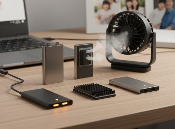 USBメモリ型SSDに冷却用のヒートシンクが装着され、横にはUSB延長ケーブルと小型扇風機が置かれている。効果的な発熱対策によってサーマルスロットリングを防ぎ性能を維持する方法。