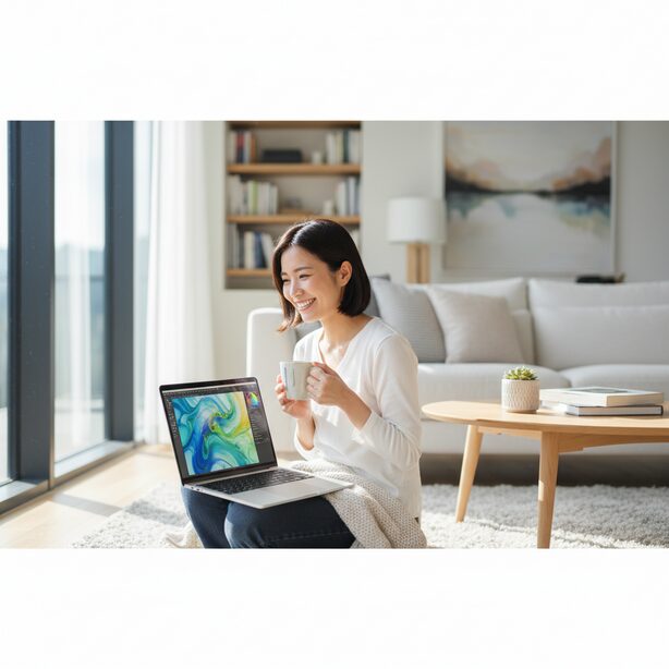 明るいリビングで、若い女性がワジュンPCのような再生パソコンを使い満足げに微笑む。コストパフォーマンスに優れたPCの評判や、賢い選び方による快適なデジタルライフを表現。
