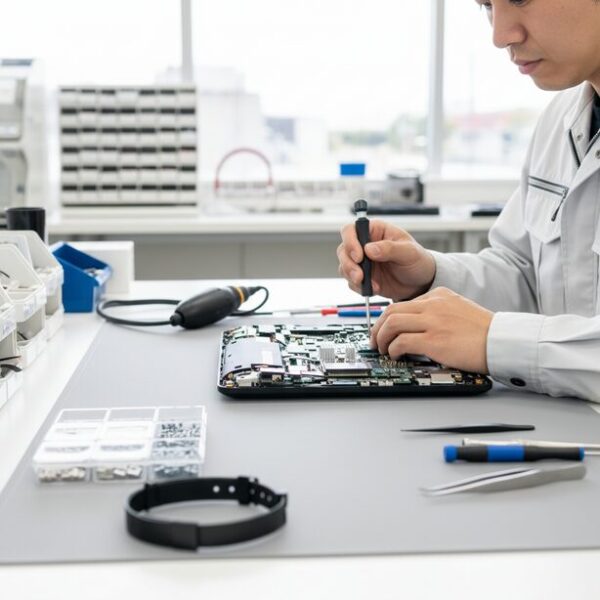 整備工場で技術者が再生PCの内部を丁寧に点検・清掃する様子。株式会社ワジュンが日本の企業である信頼性と、Microsoft認定事業者としての高い品質管理体制を象徴する。