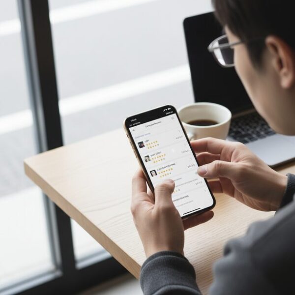 スマートフォンでワジュンPCの口コミやレビューを検索し、良い評判と悪い評判を比較検討している様子。購入前に利用者のリアルな声を徹底分析し、賢い判断を下そうとする姿。