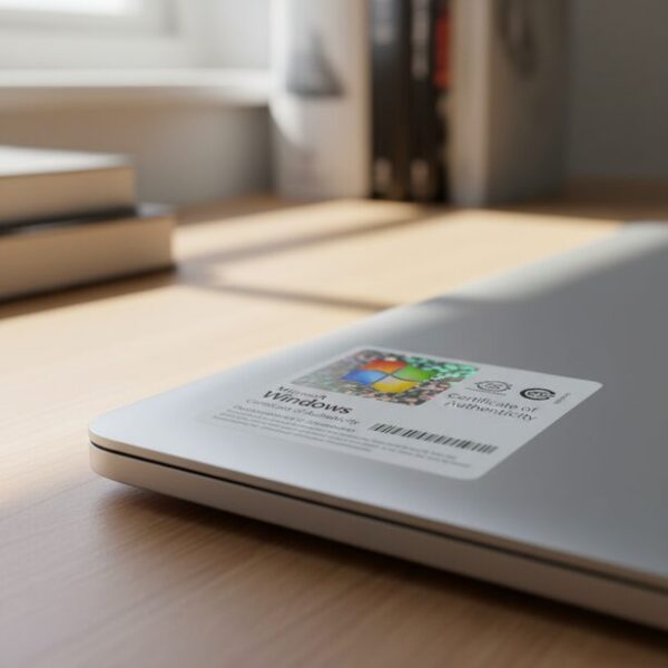 再生PCの本体に貼られたMicrosoft正規Windowsライセンスシール。ワジュンPCが怪しいと言われる理由の一つであるライセンスへの疑念を払拭する、正規再生PC事業者であることの証明。