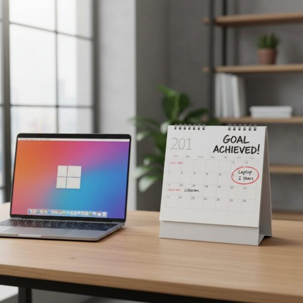 ノートパソコンの横に置かれたカレンダーの2〜3年後の日付に丸印。ワジュンPCの寿命は割り切りが必要で、新品SSD換装により数年間は十分に使えるという期待感を示す。