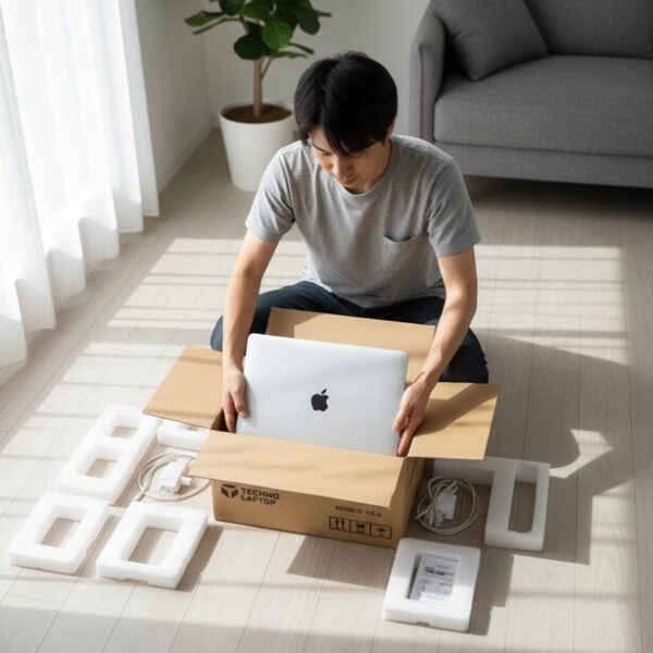 初期不良があったワジュンPCを、ユーザーが返品・交換のために段ボール箱へ丁寧に梱包している。保証期間内に不具合が見つかった場合の、具体的な返品手順やポリシーに沿った対応の様子。