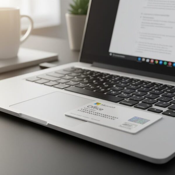 ノートパソコンの横に置かれた正規のMicrosoft Officeプロダクトキーカード。ワジュンPCに付属するOfficeソフトは信頼できるライセンスであり、購入前に種類やバージョンを確認する注意点も示す。