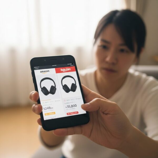 スマートフォンの画面でAmazonと楽天市場のワジュンPC販売ページを並べて比較検討する様子。ポイント還元やレビュー、保証内容を吟味し、自分に最適な購入場所を選ぶことの重要性。