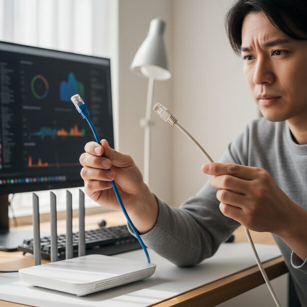 Cat6とCat6aのLANケーブルの違いを比較し、どちらを選ぶべきか悩む男性の手元。ルーターに接続することで、通信速度や将来性など最適な選び方のポイントを解説。