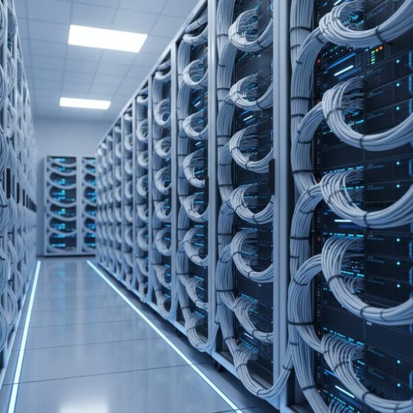 データセンターで安定稼働する10ギガ（10GBASE-T）通信。サーバーラックに整然と配線されたCat6aケーブルは、10Gbpsの高速通信を保証し、その性能差が信頼性に繋がる。