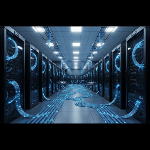 データセンターのサーバーラックに複雑に配線されたカテゴリ8のLANケーブル。最大通信速度40Gbpsという圧倒的なスペックと、プロ向けの用途を解説する記事の内容。