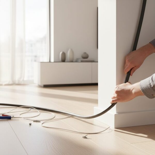 リビングでカテゴリ8の太く硬いLANケーブルの配線に苦労している手元。オーバースペックな性能ゆえの高価格や取り回しの悪さといったデメリットを具体的に解説。