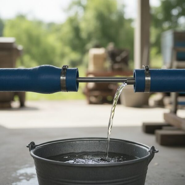 太いホースの途中に細いパイプが繋がり水の流れが制限される様子。通信経路のボトルネックを解説し、カテゴリ8のLANケーブルに交換しても通信速度が変わらない理由を説明。