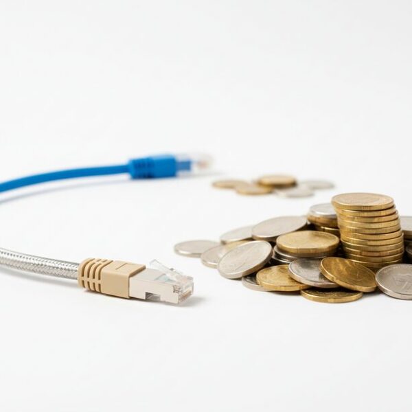 カテゴリ8のLANケーブルの横に積まれた多くのコイン。カテゴリ6aなど他のケーブルと比較して価格が高い現実を示し、コストパフォーマンスについて考察する記事内容。