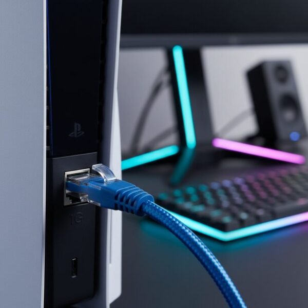 PS5背面の1Gbps対応LANポートのクローズアップ。オンラインゲームでは通信速度より応答速度が重要であり、カテゴリ8のLANケーブルによる直接的な効果は薄いことを解説。