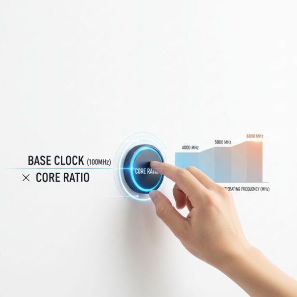CPUオーバークロックの仕組みを図解で分かりやすく解説。ベースクロックとコア倍率の計算式が示され、ダイヤルを調整することで動作クロック周波数が向上する様子を視覚的に表現し、性能向上の基本を説明。