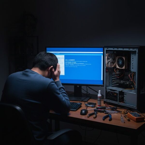 オーバークロックの失敗による故障リスクを表現。ブルースクリーンが表示されたモニターの前で、頭を抱える日本人男性。CPUやマザーボードの故障は自己責任であり、パーツの寿命を縮める可能性があることを示唆。