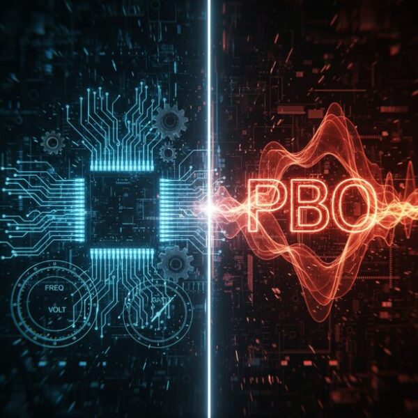 intelとamdのCPUオーバークロックにおけるアプローチの違い。青い光で表現されたintelの手動設定と、赤い光で表現されたAMDの自動OC機能（PBO）が対照的に描かれ、各社の特徴を分かりやすく示している。