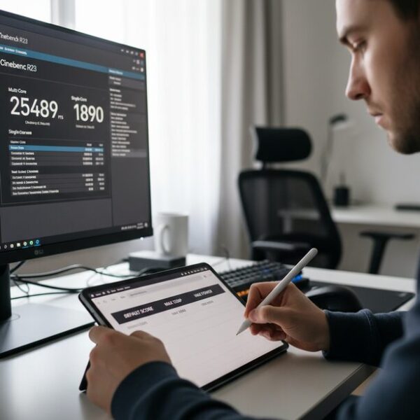 初心者向けCPUオーバークロックの準備段階。Cinebench R23で定格時のベンチマークスコアを測定し、HWiNFO64で最大温度や消費電力を確認。現状把握として数値をノートに記録する慎重な作業風景。