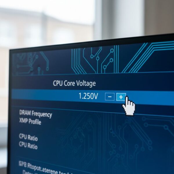 CPUオーバークロックでシステムが不安定になった際の電圧調整。BIOS/UEFIの「CPU Core Voltage」設定項目で、安定動作を目指して0.01V単位で電圧を慎重に引き上げる様子をクローズアップで表現。