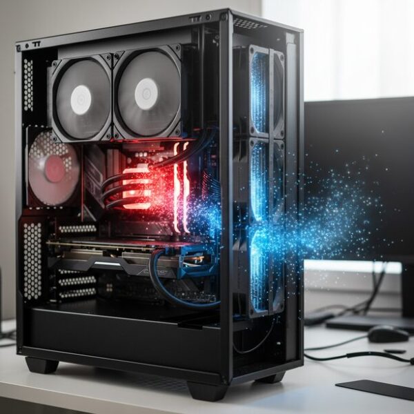 CPUオーバークロック成功の鍵となる温度管理と冷却の重要性。高性能な簡易水冷クーラーがCPUの発熱を強力に抑制し、安定した動作を維持。PCケース内の効率的なエアフローが熱を排出し、パフォーマンスを支える。