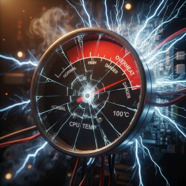 CPUオーバークロックのやりすぎによる危険性への警告。CPU温度計が限界の100℃を超え、過電圧によるショートをイメージさせるスパークが散る。電圧の盛りすぎや温度管理の無視が故障に繋がるという注意喚起。