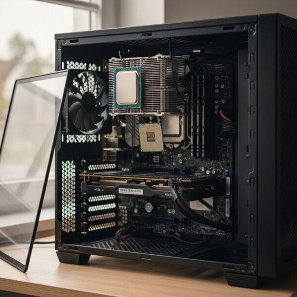 CPUクーラー交換時に発生するスッポン現象の全体像。グリスの固着により、CPUがクーラーと一緒にマザーボードのソケットから抜けてしまった状態を分かりやすく示している。