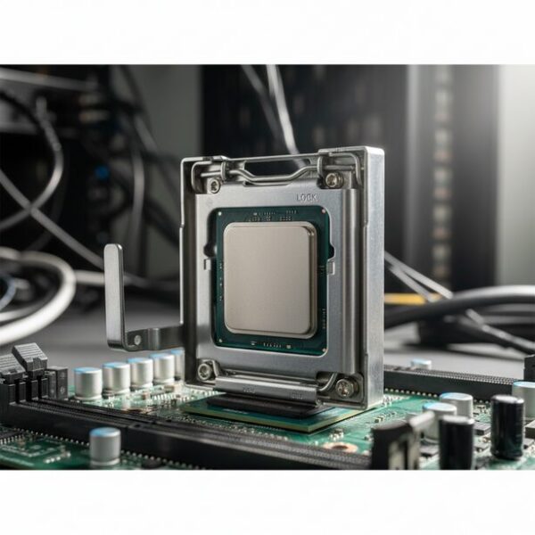 スッポンしにくいIntelのLGA方式ソケットの安全な構造。マザーボードに設置されたCPUを金属製の固定金具で強力に押さえつけているため、グリスが固着しても抜ける心配がない。