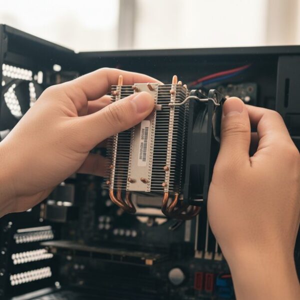 CPUグリスの固着を安全に剥がすためのクーラーの取り外し方のコツ。クーラーを両手で掴み、左右にゆっくりとひねる動作を加えることで、マザーボードへの負担を減らす。