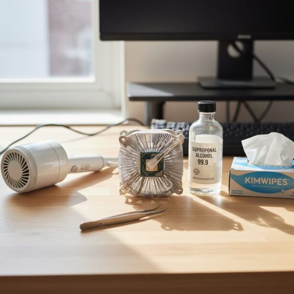CPUスッポンが発生してしまった際の正しい対処法で使う道具一式。クーラーに付着したCPUを分離するためのドライヤーや無水エタノールなどが準備され、冷静な作業開始を示す。