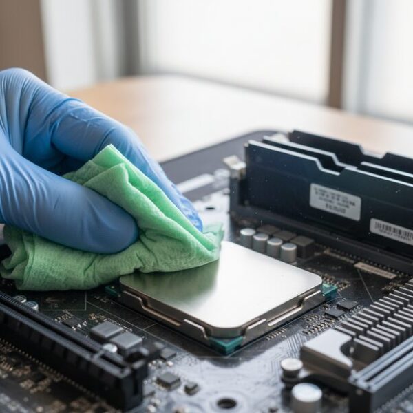 無水エタノールと糸くずの出ない布を使い、CPU表面に固着した古いグリスを清掃している様子。鏡のように輝く金属面は、新しいグリスを塗るための最適な準備が整った状態。