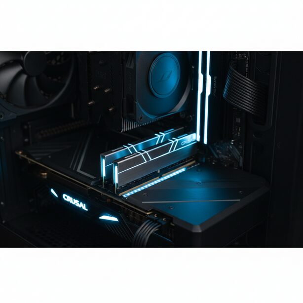 モダンな自作PC内部で、青い光に照らされたCrucial製DDR5メモリがマザーボードに装着されている様子。PCの性能向上やメモリ増設による安定動作をイメージさせ、高い評判を裏付ける。