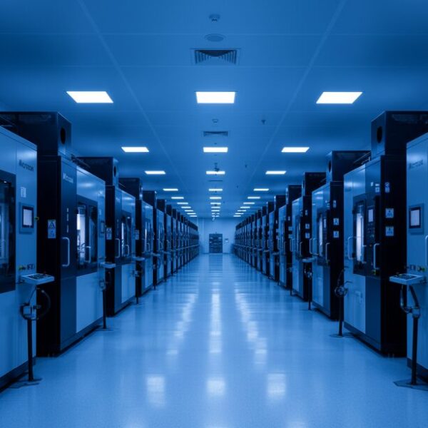 広大な半導体工場のクリーンルームで最先端の製造装置が稼働する様子。Crucialの親会社であるMicron社の高い技術力と、信頼性の高いメモリを製造するグローバルな体制を表現している。