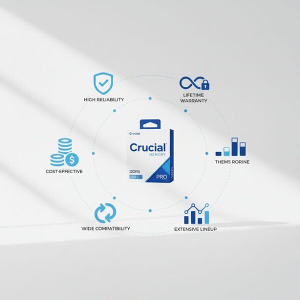 Crucialメモリのパッケージを中心に、信頼性、コスパ、互換性、ラインナップ、永久保証という5つのメリットを象徴するアイコンが配置され、その特徴を分かりやすく示している。