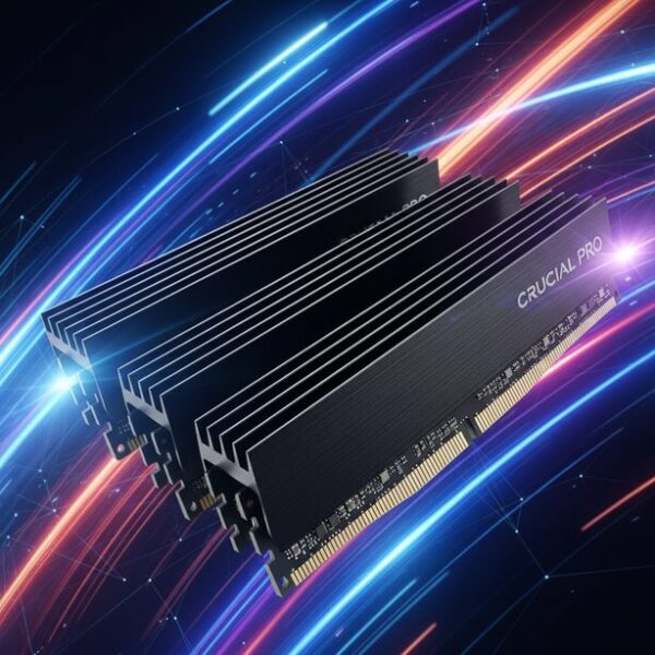 スタイリッシュな黒いヒートスプレッダを備えたCrucial Proメモリ。デジタルな光の軌跡に包まれ、ゲームや重い作業を快適にする高速な性能とパフォーマンスを表現している。