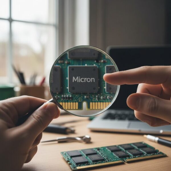 虫眼鏡でCrucialメモリのチップを覗き込み、Micron社のロゴが鮮明に刻印されていることを確認している様子。偽物の見分け方と、正規品を選ぶことの重要性を伝えている。