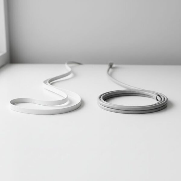 白いデスクの上に置かれた、きしめんのように平たく薄いフラットLANケーブルと、比較対象である太い円形のラウンドタイプのLANケーブルを真上から捉えた様子。